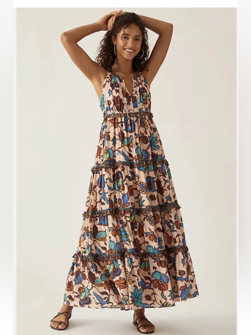Bohemian Floral Tiered Maxi Dress - Beige Blue